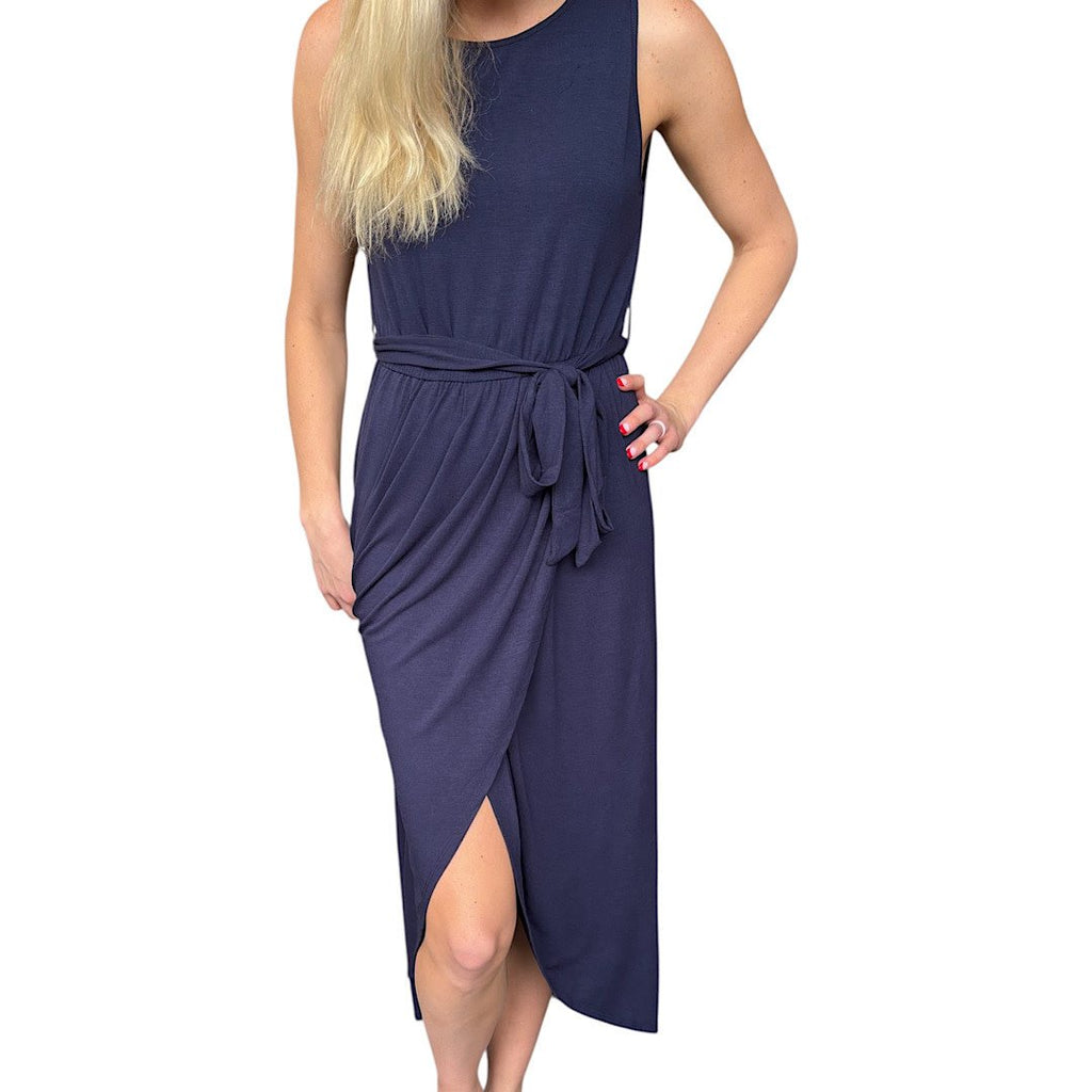 Navy Tie Waist Maxi Length Dress