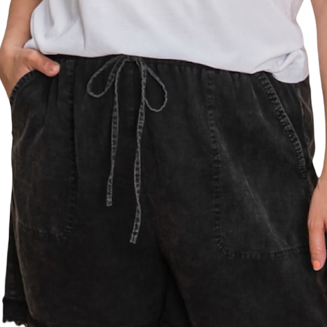 Black Cotton Slub Frayed Shorts