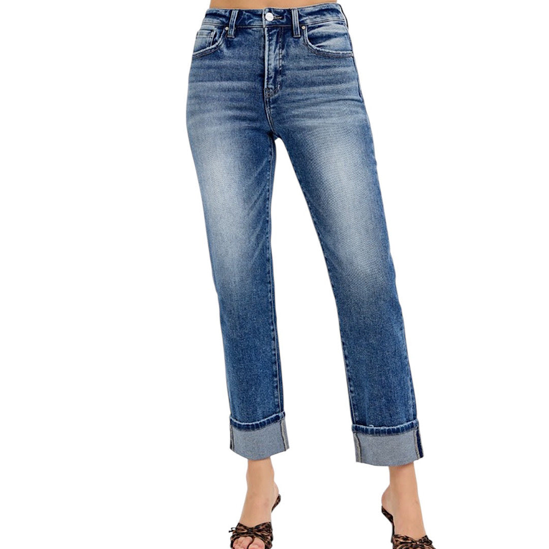 RISEN RDP5941 Dark TC High Rise Crop Straight Cuffed Jeans