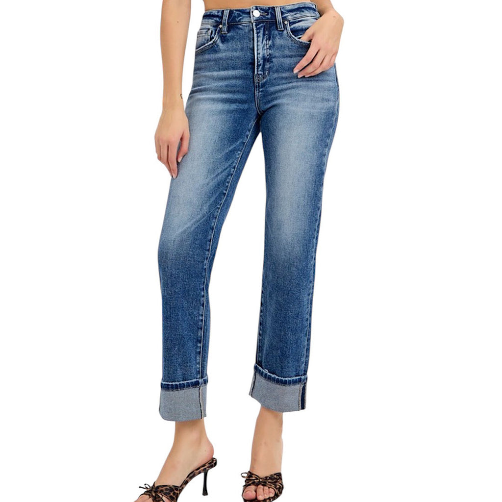 RISEN RDP5941 Dark TC High Rise Crop Straight Cuffed Jeans