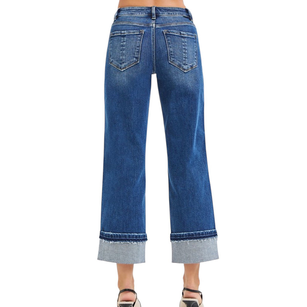 RISEN PWA21442 Dark Mid Rise Ankle Straight Cuffed Hem Jeans