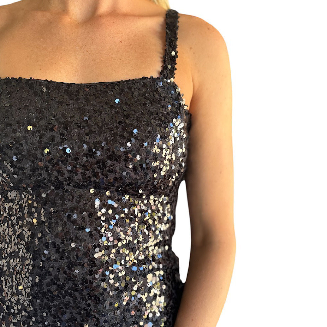 Black Sequin Embellished Balloon Hem Mini Dress