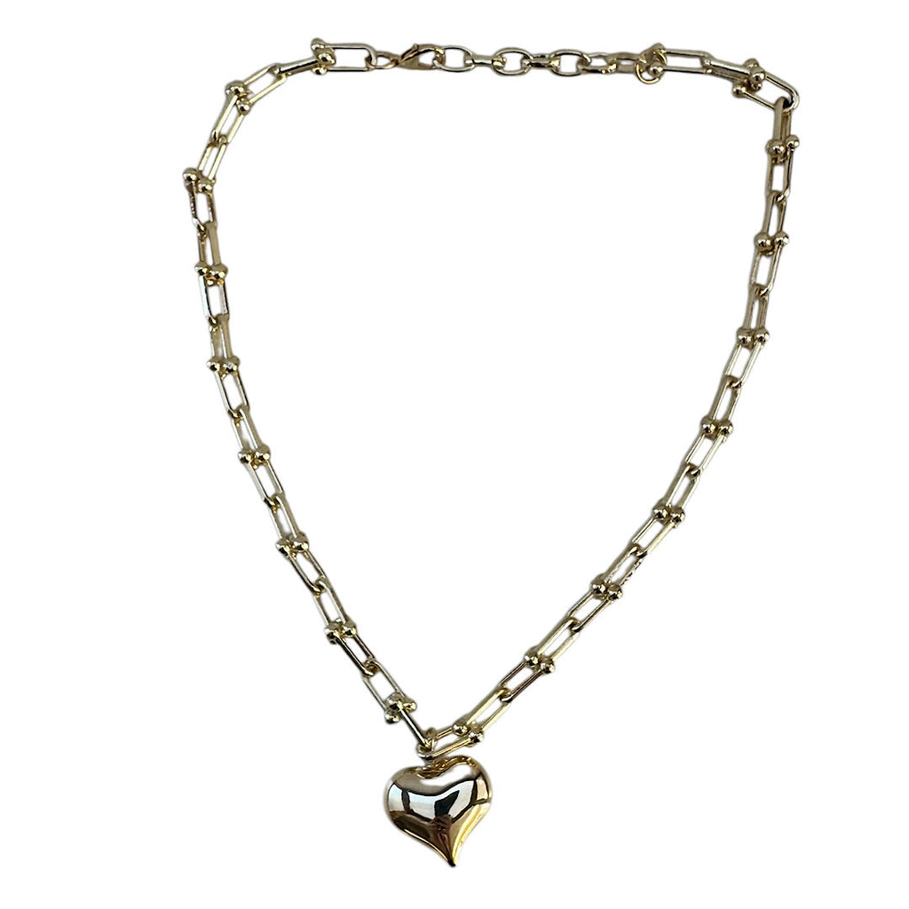 Gold Link Puffy Heart Necklace 14K Plated