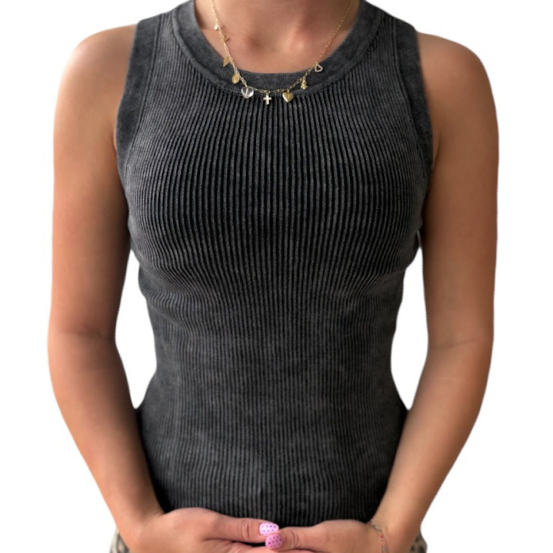 Charcoal Washed Ribbed Sleeveless Knit Tank Top