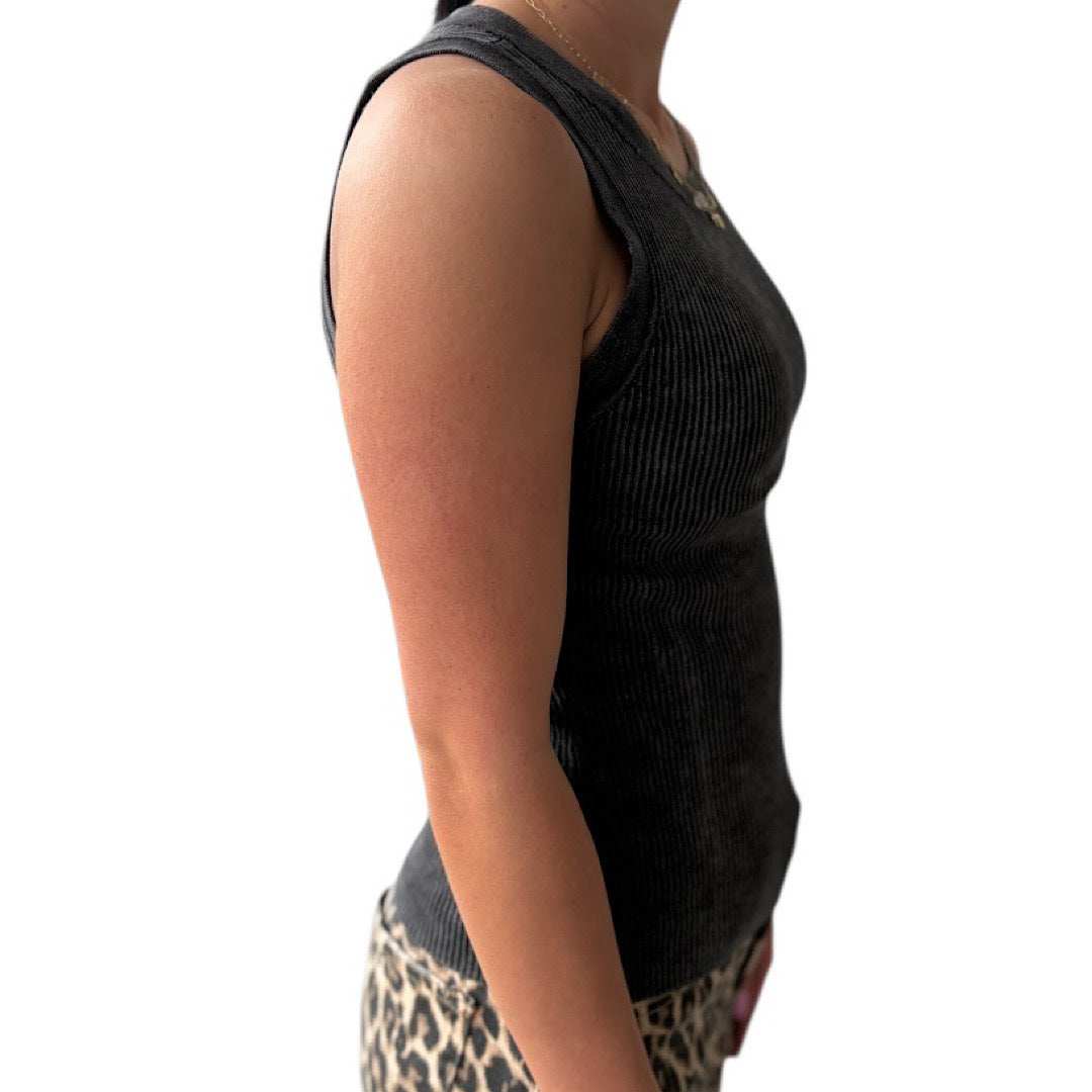 Charcoal Washed Ribbed Sleeveless Knit Tank Top