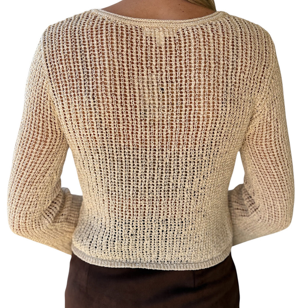 Natural Bell Sleeve Front Button Crochet Knit Cardigan