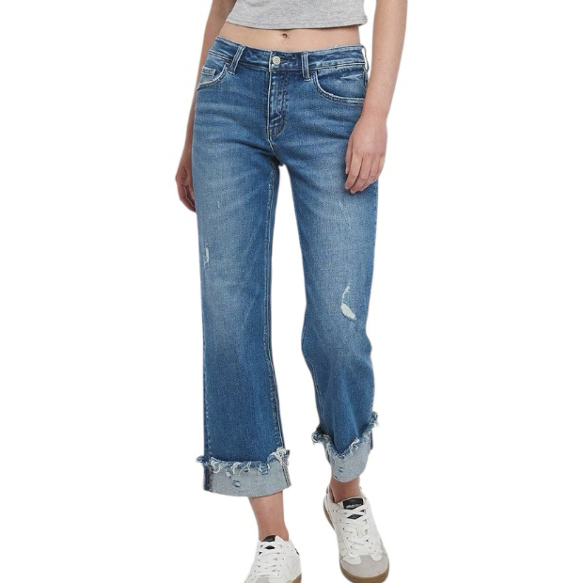 FLYING MONKEY Medium Wash Mid Rise Cuffed Slim Wide F5861