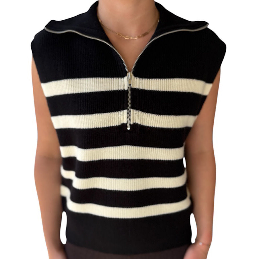 Black/Cream Striped Half Zip Sweater Vest