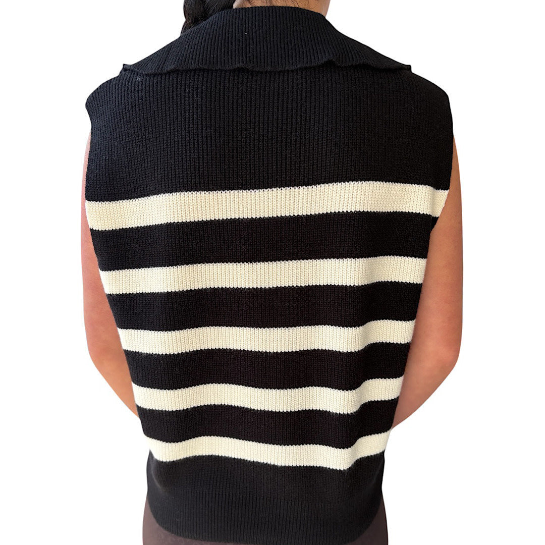 Black/Cream Striped Half Zip Sweater Vest