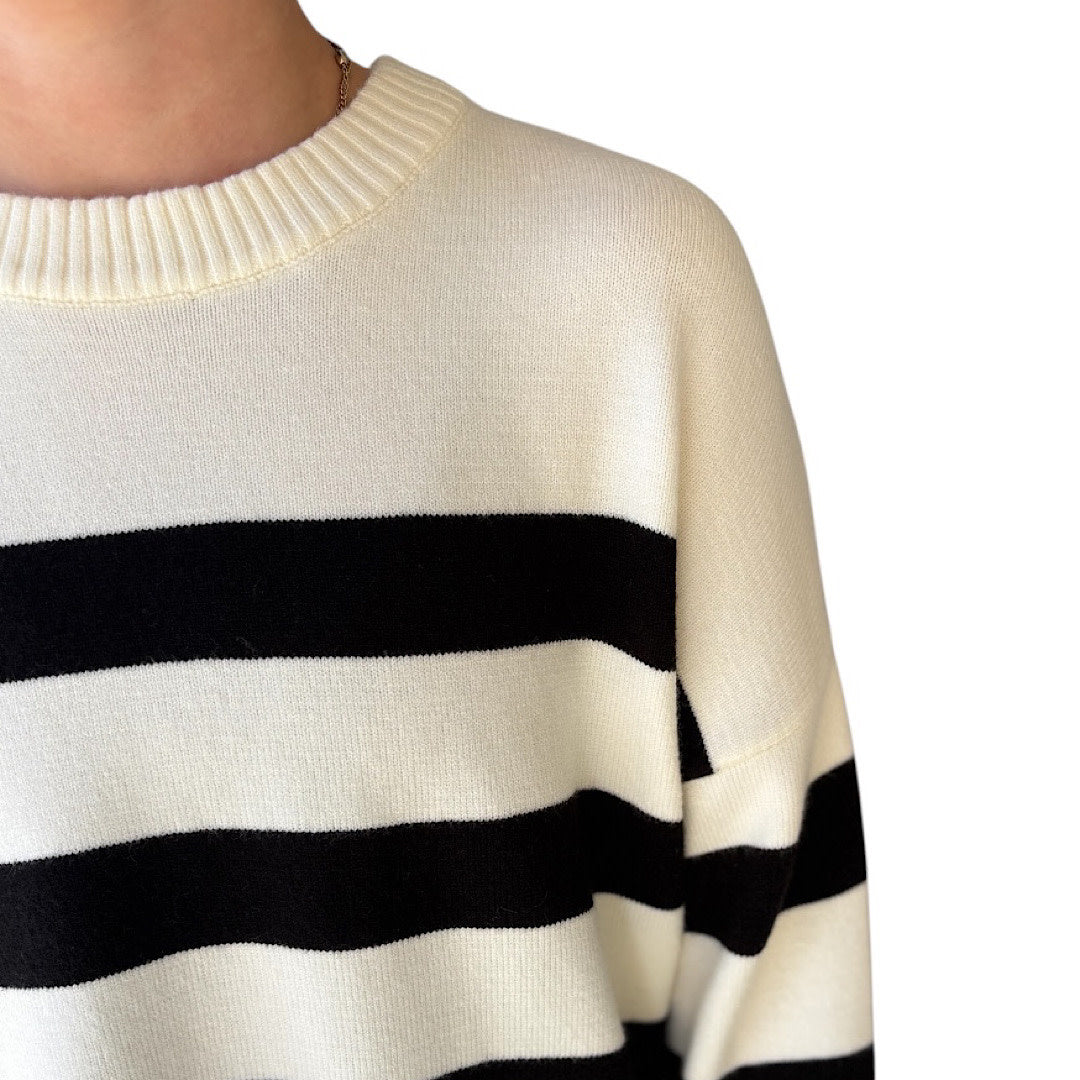 Cream/Black Striped Crew Neck Sweater