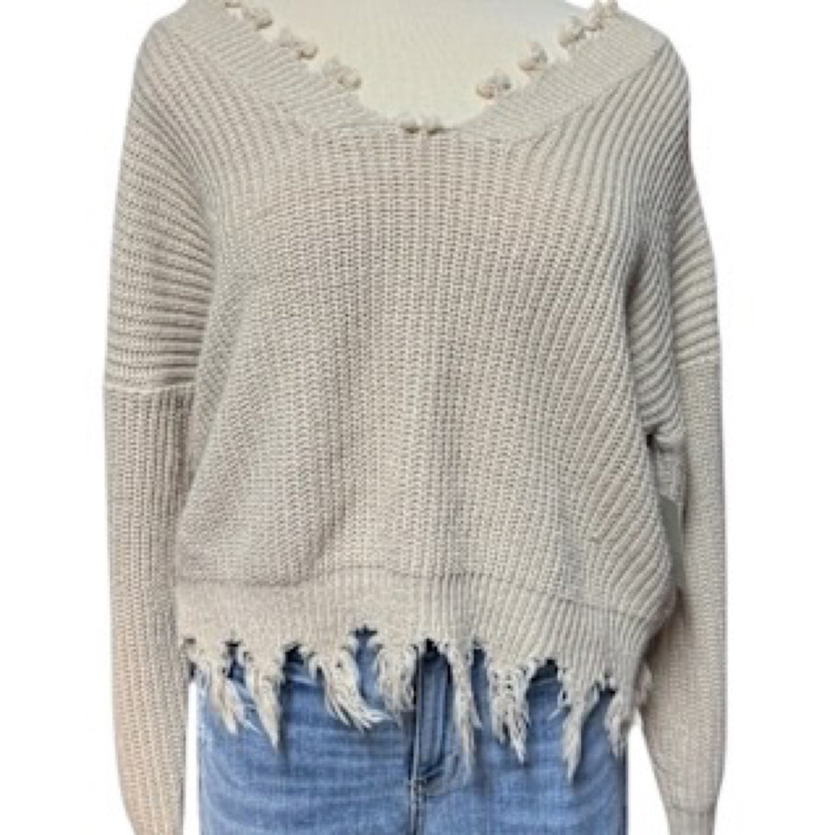Daytrip Beige Frayed Hem Sweater Size Large-RF