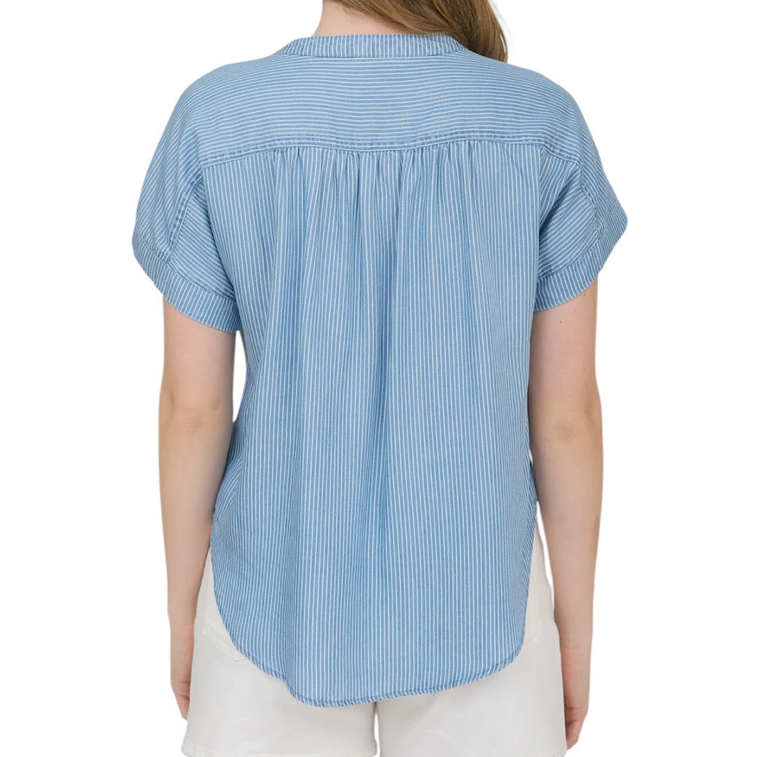 Chambray Pinstripe Short Sleeve Top with Chest Pocket
