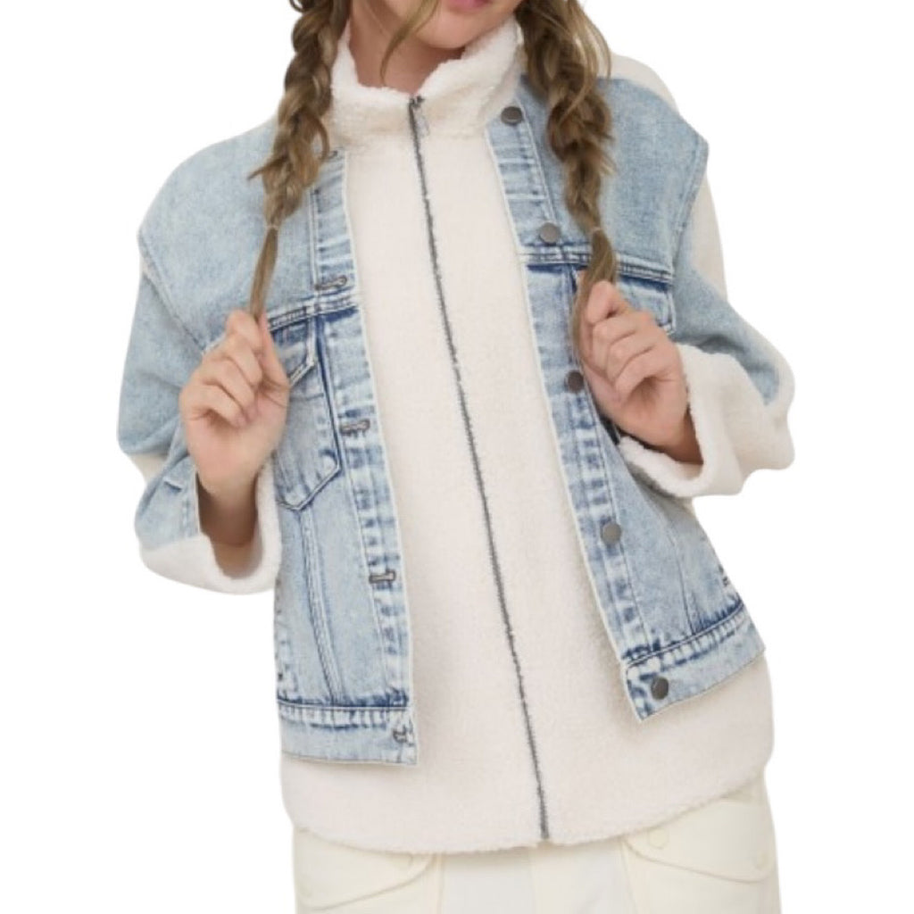 Teddy and Denim Mixed Media Zip Up Jacket