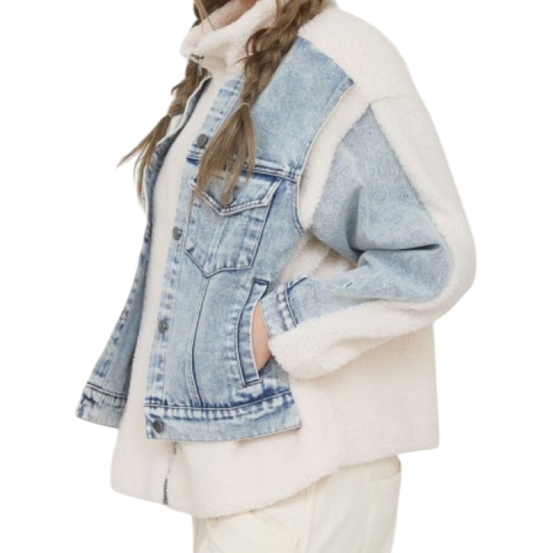 Teddy and Denim Mixed Media Zip Up Jacket