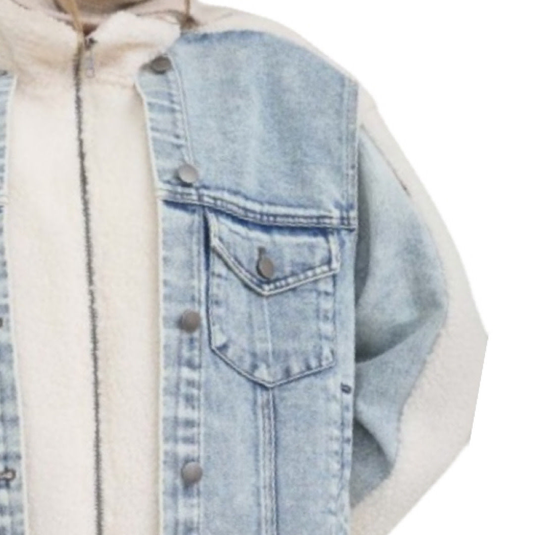 Teddy and Denim Mixed Media Zip Up Jacket