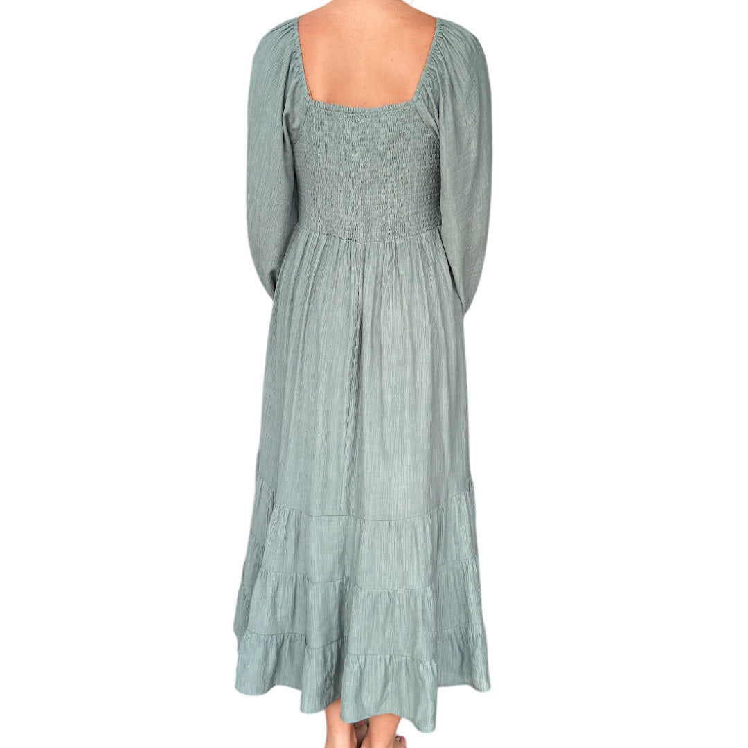 Sage Square Neck Solid Woven Midi Dress with Trim Detail