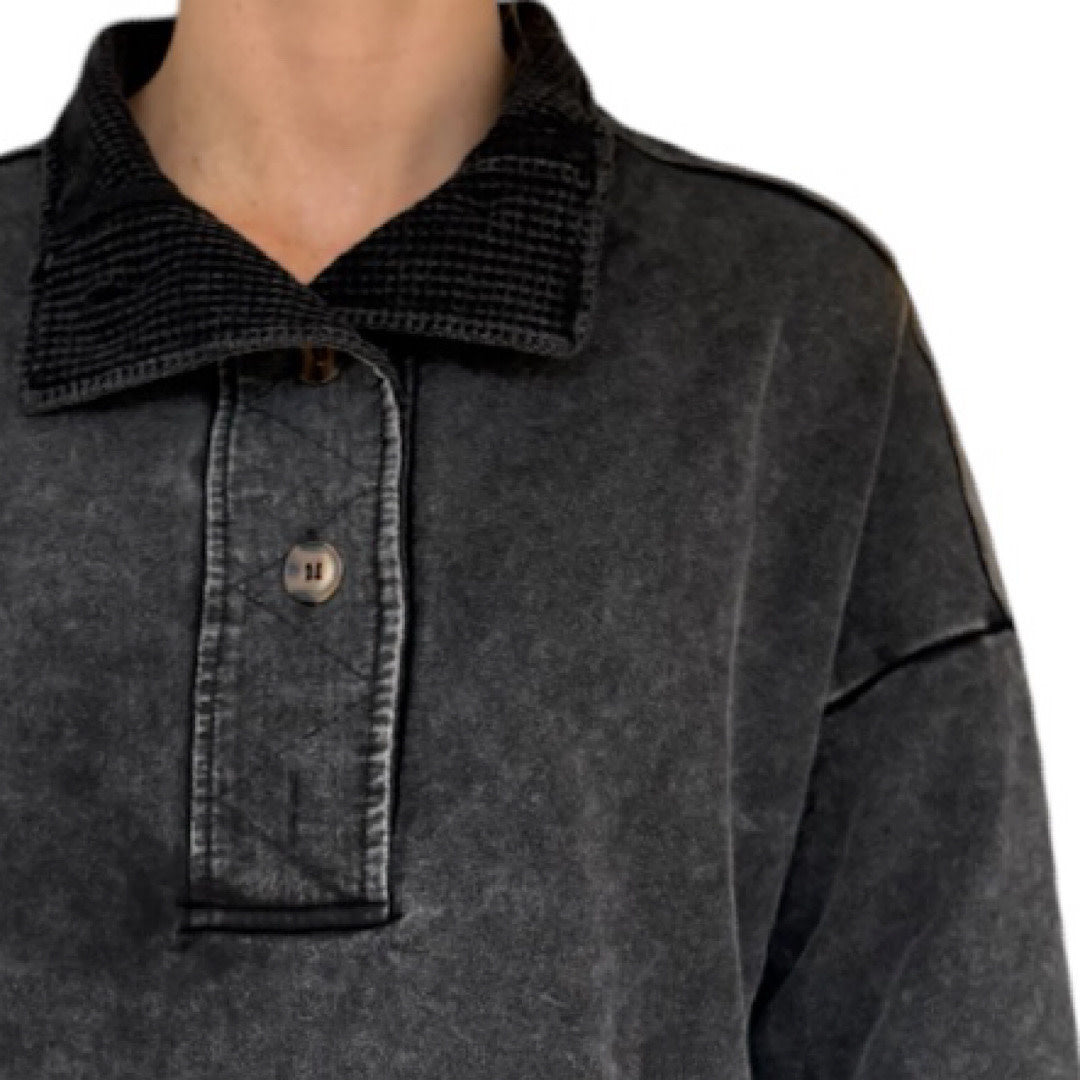 Black Mock Neck Mineral Washed Knit Casual Top