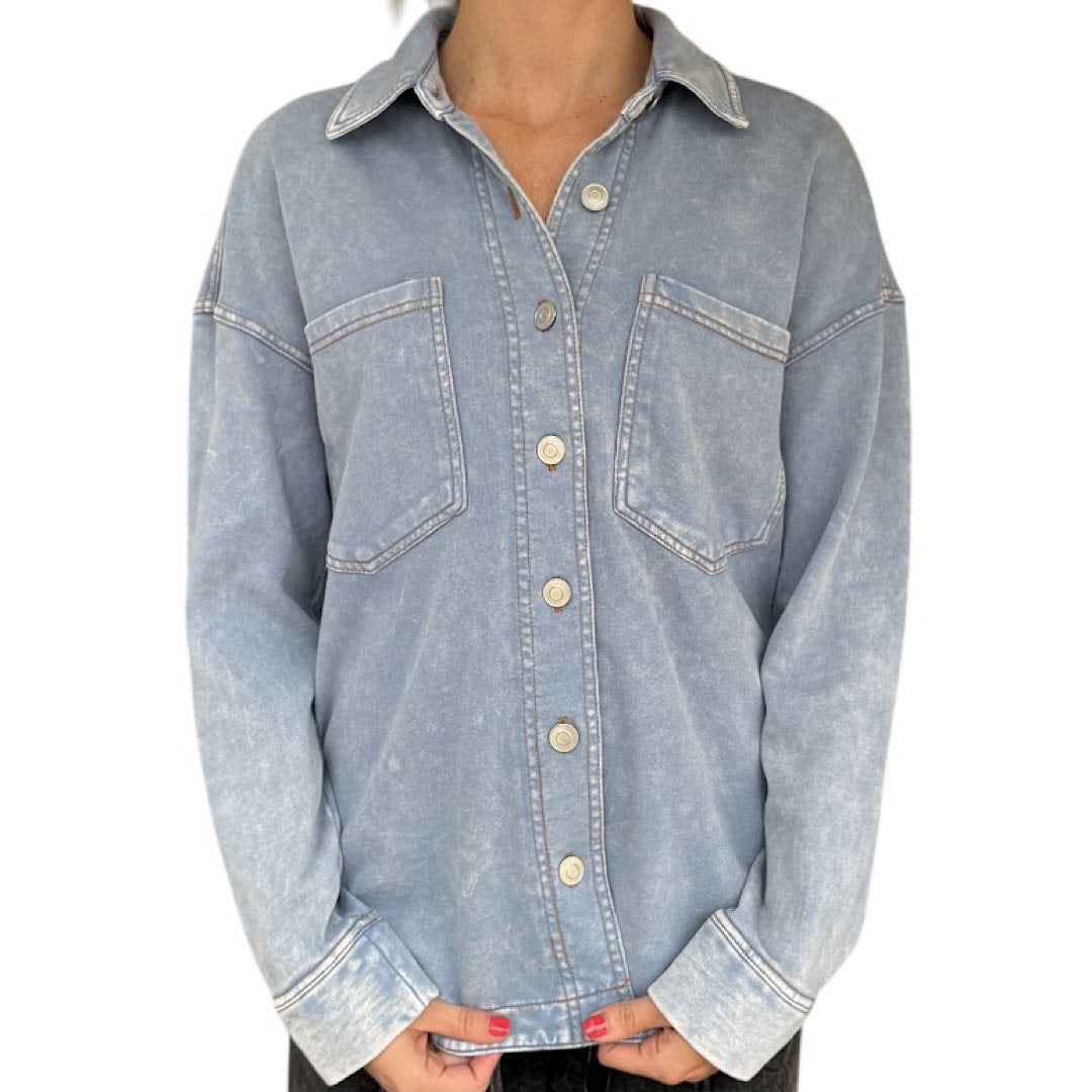 Light Blue Acid Wash Collared Button Down Shacket