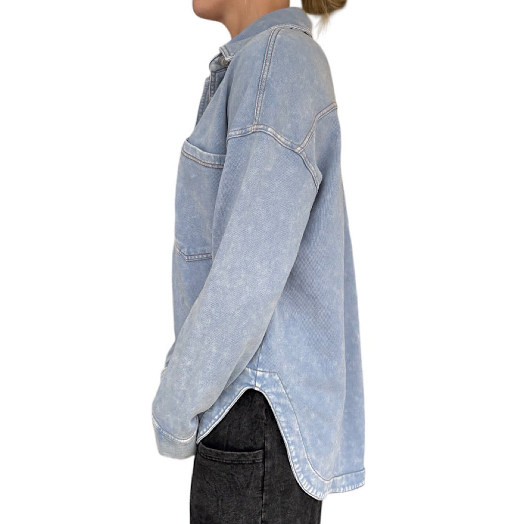 Light Blue Acid Wash Collared Button Down Shacket