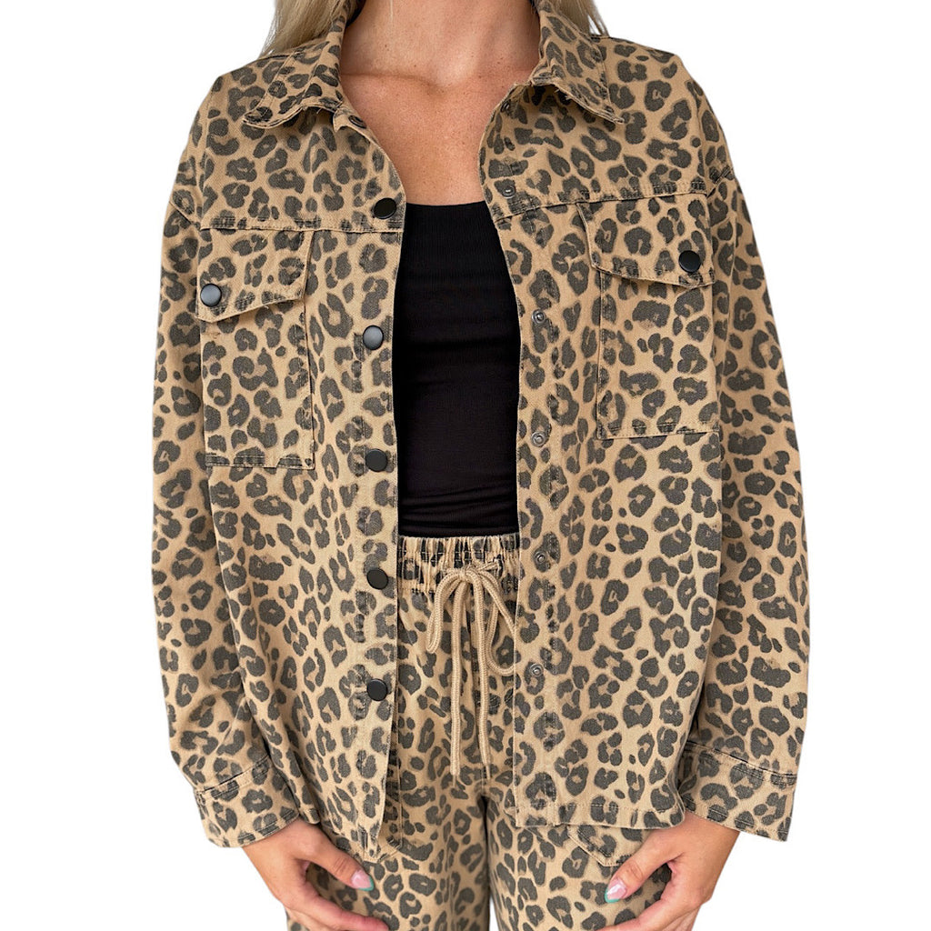 Brown Leopard Print Collared Button Down Jacket
