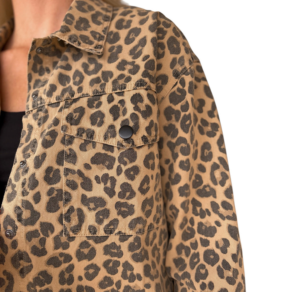 Brown Leopard Print Collared Button Down Jacket
