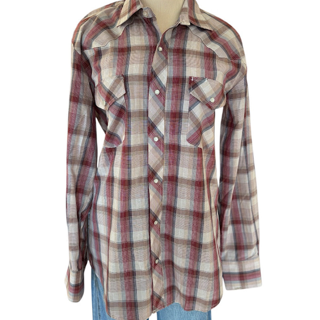 Roper Burgundy Plaid Pearl Snap Button Up Size M-RF