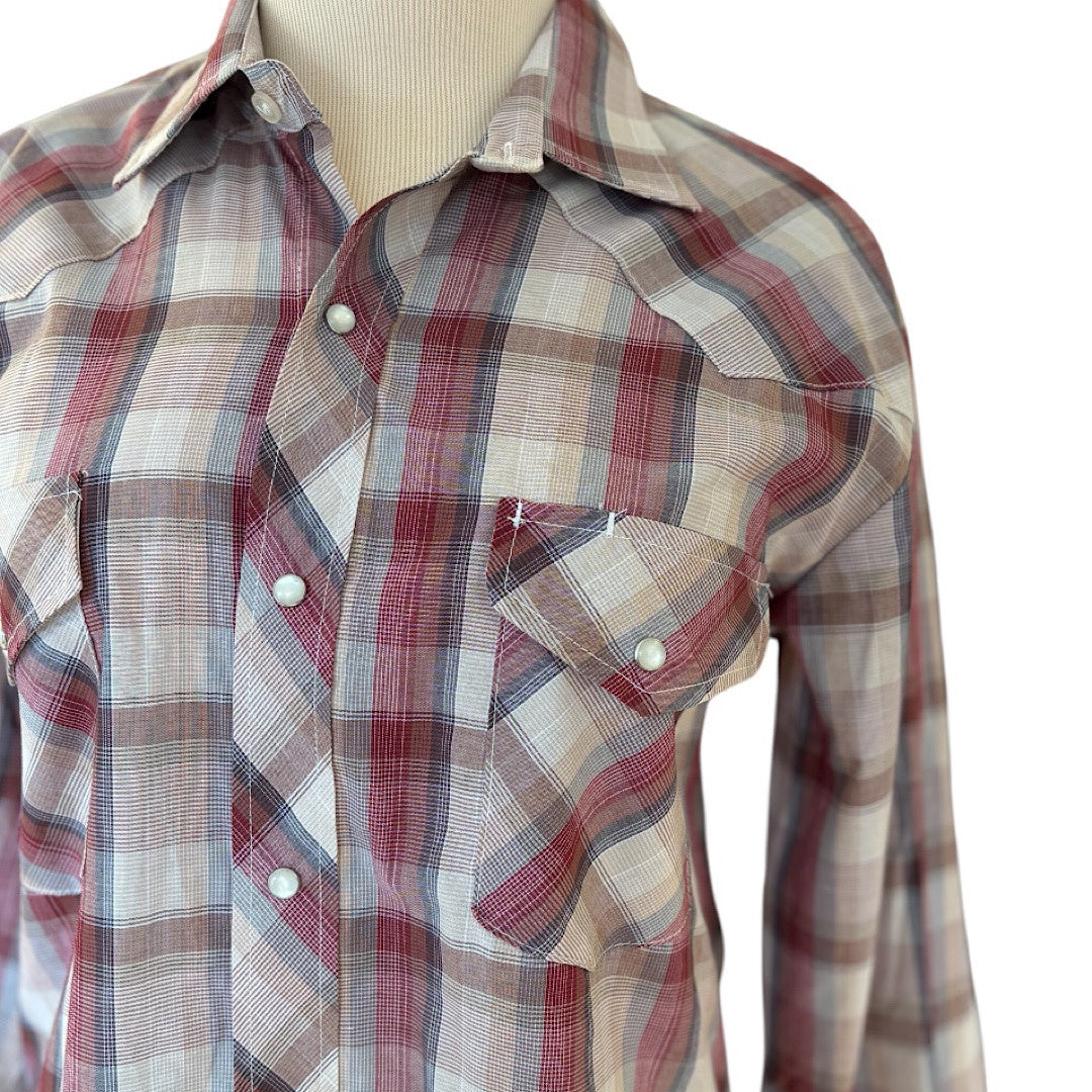 Roper Burgundy Plaid Pearl Snap Button Up Size M-RF