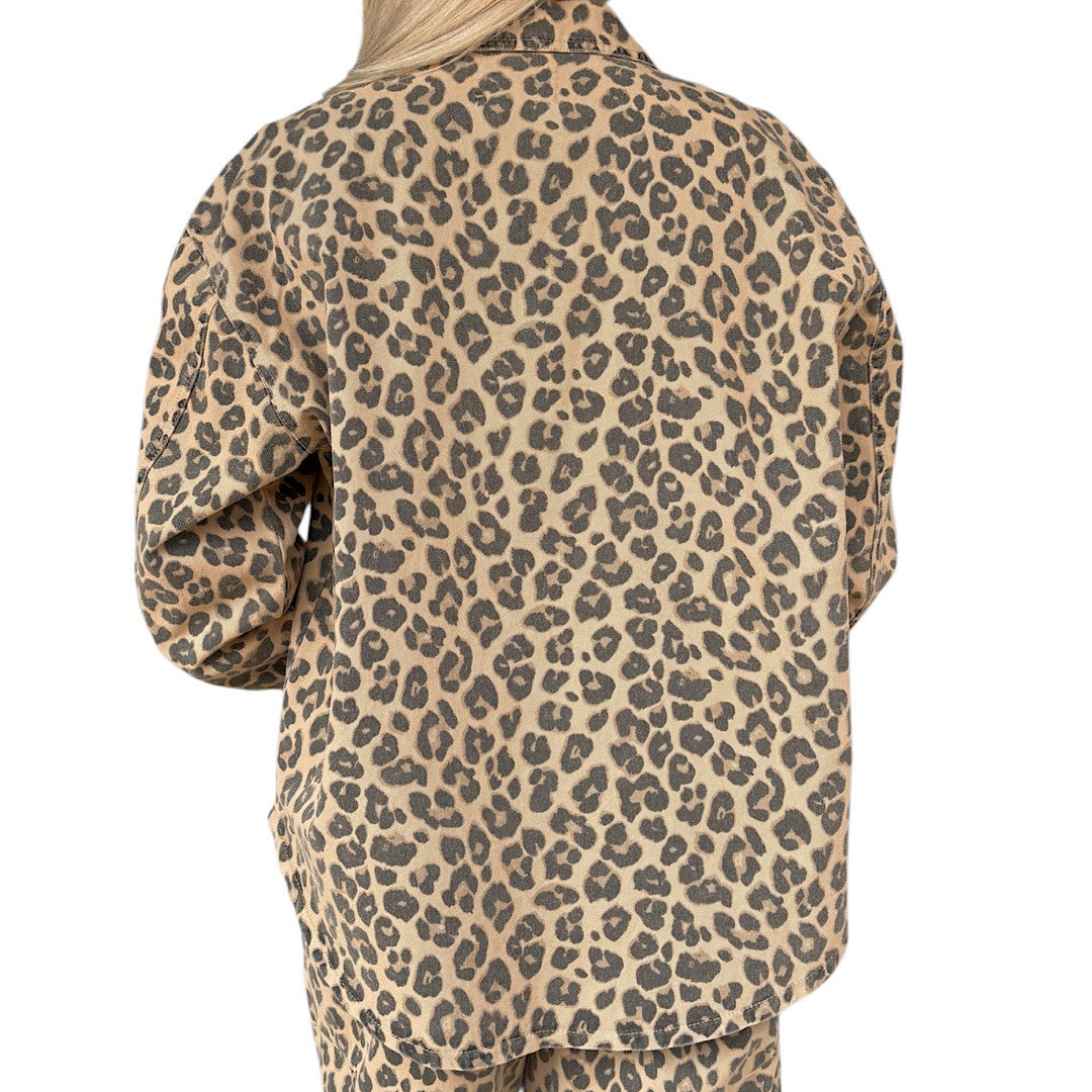 Brown Leopard Print Collared Button Down Jacket