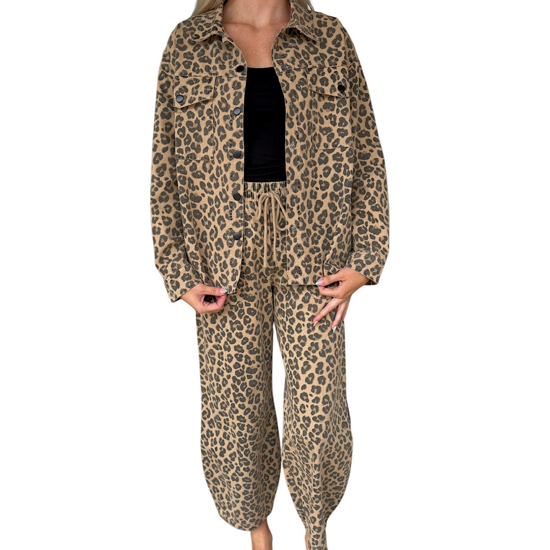 Brown Leopard Print Collared Button Down Jacket