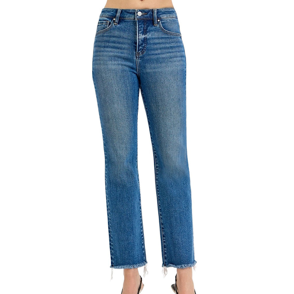 Risen PSA21158 Medium TC High Rise Crop Straight Raw Cut Hem Jean