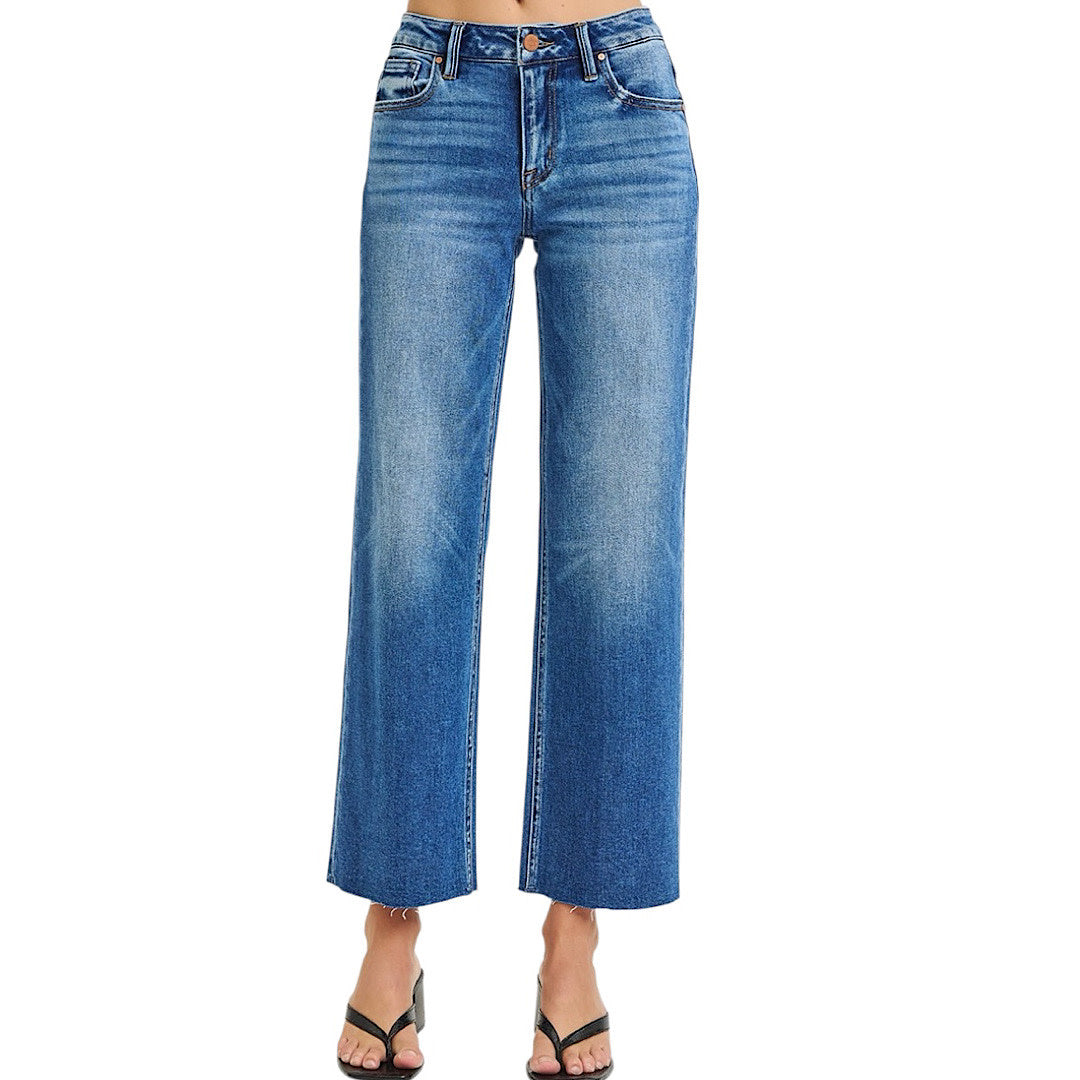 Risen PSC21134 Medium TC Mid Rise Crop Straight Clean Cut Hem Jean