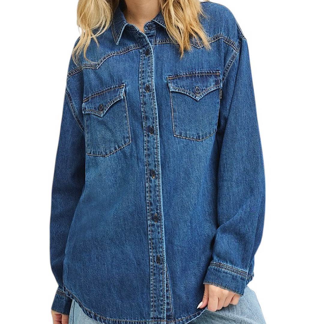 Risen RDJ9208 Dark Western Yoke Style Relaxed Fit Denim Shirt