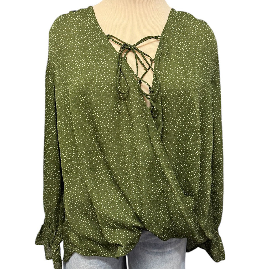 Umgee Olive Polka Dot Long Sleeve Blouse Size Small-RF