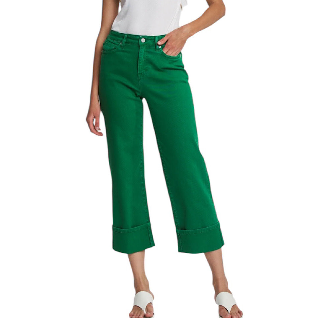 MICA MDP-W3025SG Seaweed Green High Rise Wide Leg Cropped Cuff Jeans