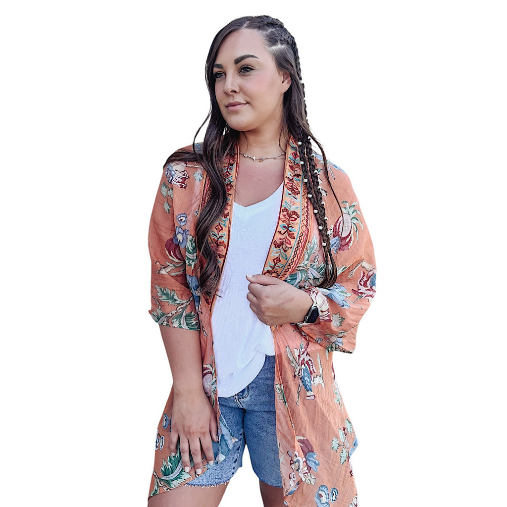 Mixed Print Angel Wing Sleeve Kimono Cantaloupe S/M