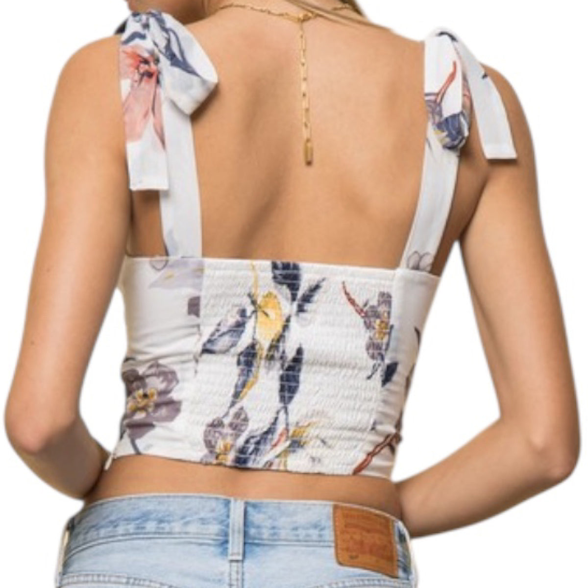 Off White Floral Chiffon Bustier Smocked Crop