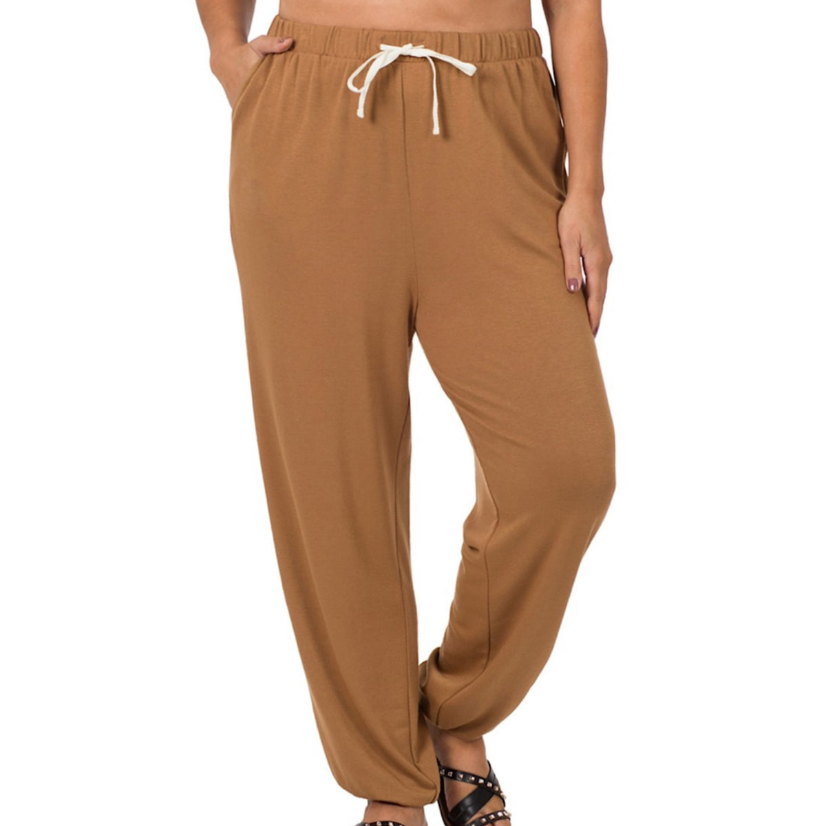 Plus Camel Drawstring Waist Joggers