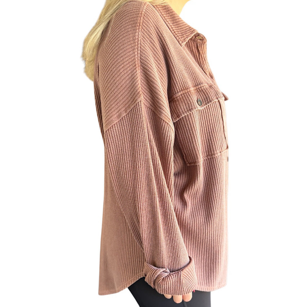 Chestnut Mineral Washed Waffle Knit Shacket