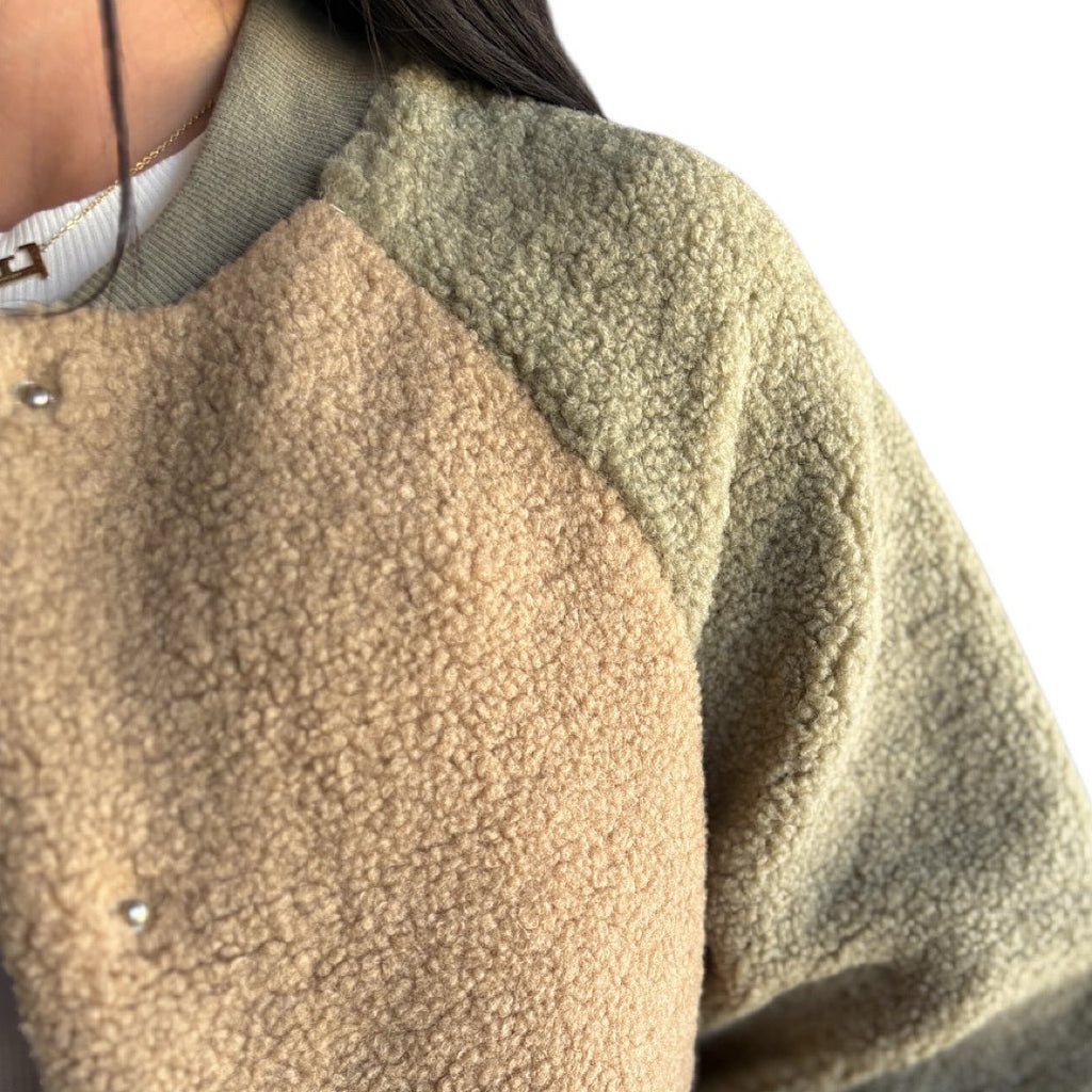 Sage Raglan Sleeve Oversized Color Block Fleece Jacket