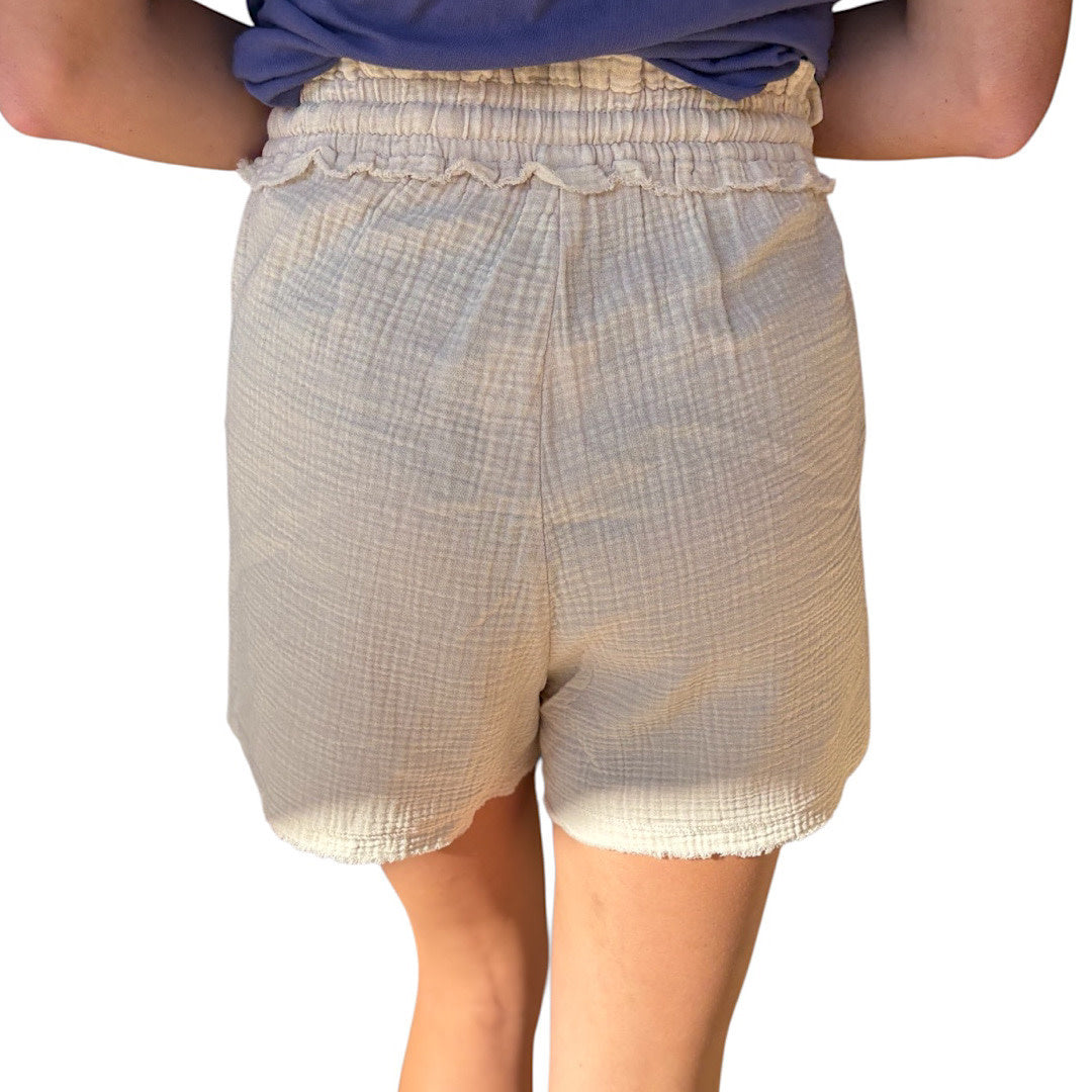 Sand Beige Washed Double Gauze Frayed Hem Shorts