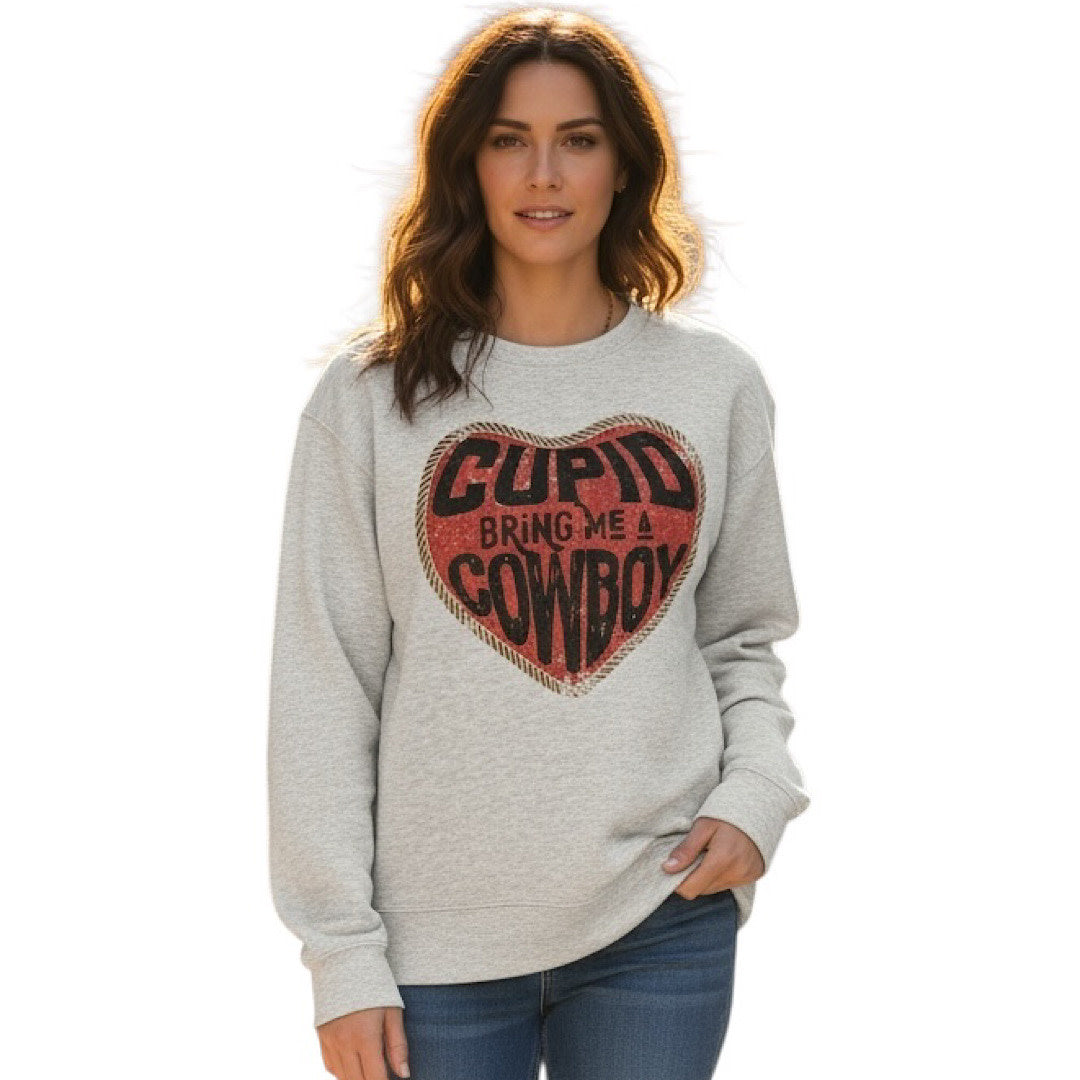 Grey Cupid Cowboy Valentine's Day Cropped Sweatshirt