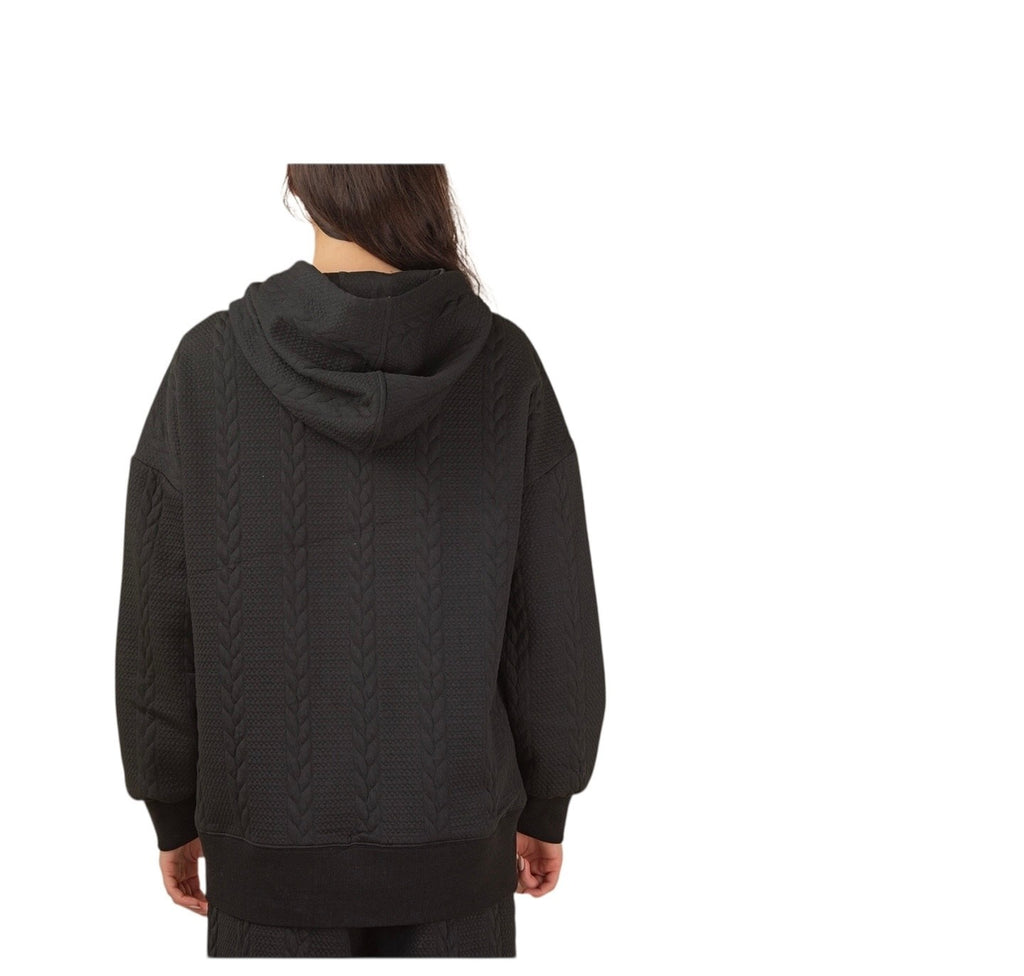 Black Cable Knit Hooded  Oversized Textured Pant Set